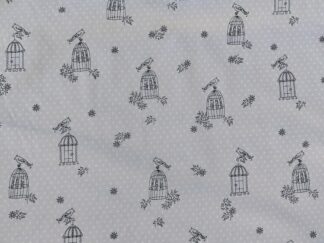 Bomuldsstof lys grå og hvide prikker med fuglebur - Oeko-tex