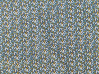 Bomuldsstof blå med blade i carry og lys blå - Oeko-TEX