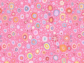 Roman Glass stof - pink med farverige cirkler i flotte farver. Målebåndet i bunden giver et billede på hvor stort mønster er. Kaffe Fasset Collectives - Sorbet